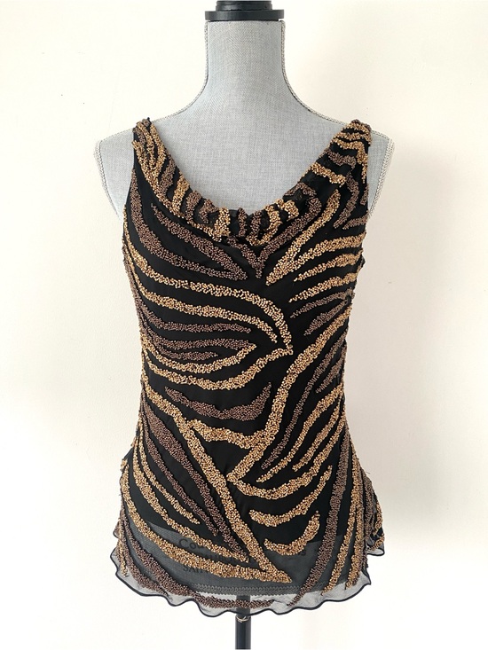 Cache Tops - VTG Cache Black & Metallic Gold Fully Beaded Animal Print Sleeveless Blouse Sz S
